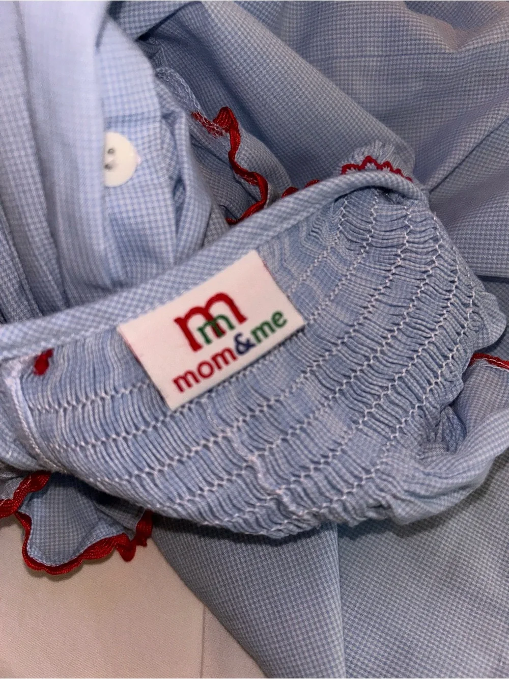Girls' Light Blue Smocked Dress with Red Trim and Flag Embroidery